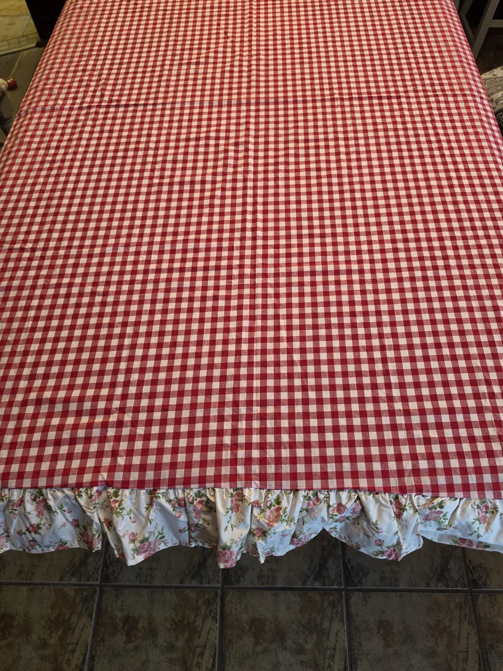 Red and White Gingham Tablecloth with Floral Ruffle
